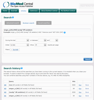 Boolean search form and search history for BioMed Central.