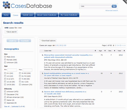 Hit list on Cases Database (including limitations sidebar).